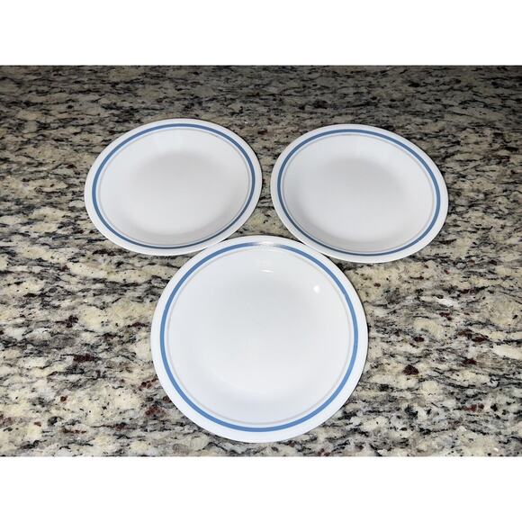 Corelle Indigo Bread Dessert Plates Vtg Blue Gray Stripe Set of 3 - Picture 2 of 7